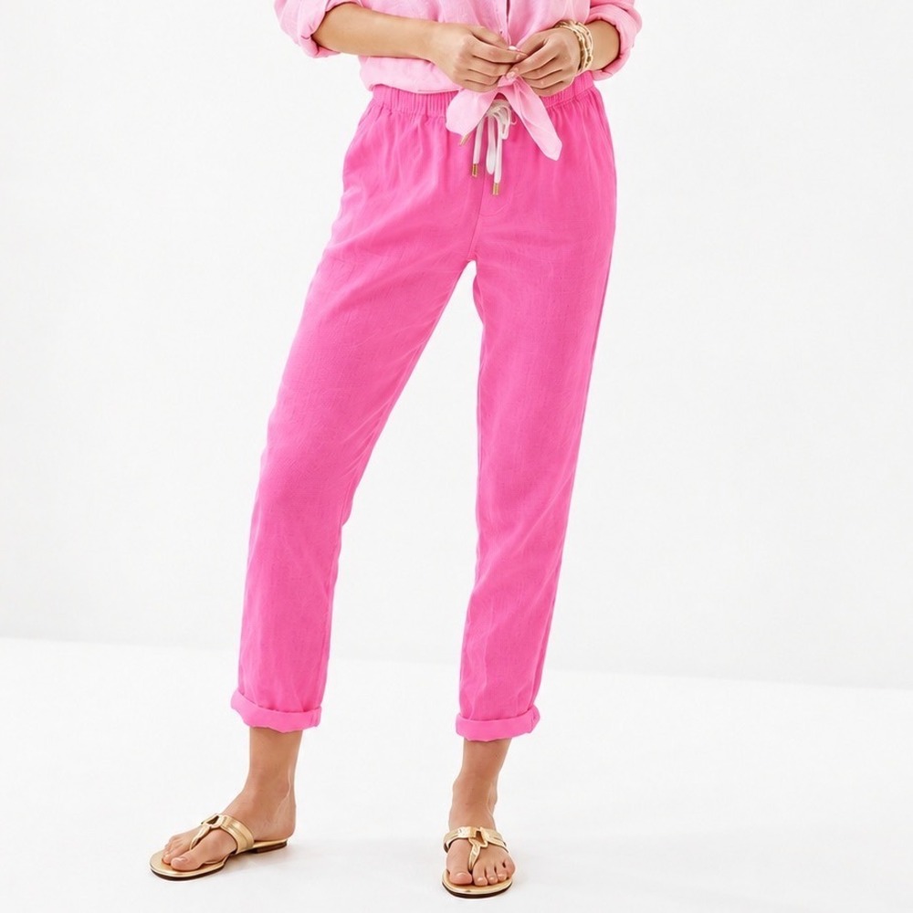 Lilly Pulitzer Taron Mid Rise Linen Pants Pink Drawstring Straight Leg Pull-On S